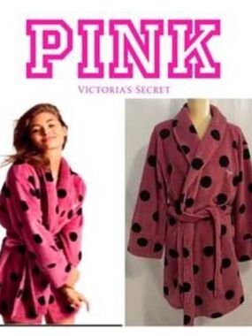 Victoria's Secret Pink Plush Robe with Black Polka Dots